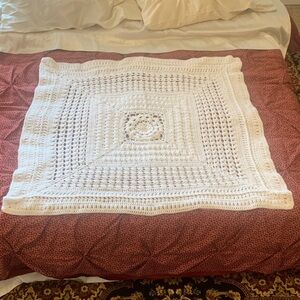 Handmade White Crochet Blanket - off white 42x42
